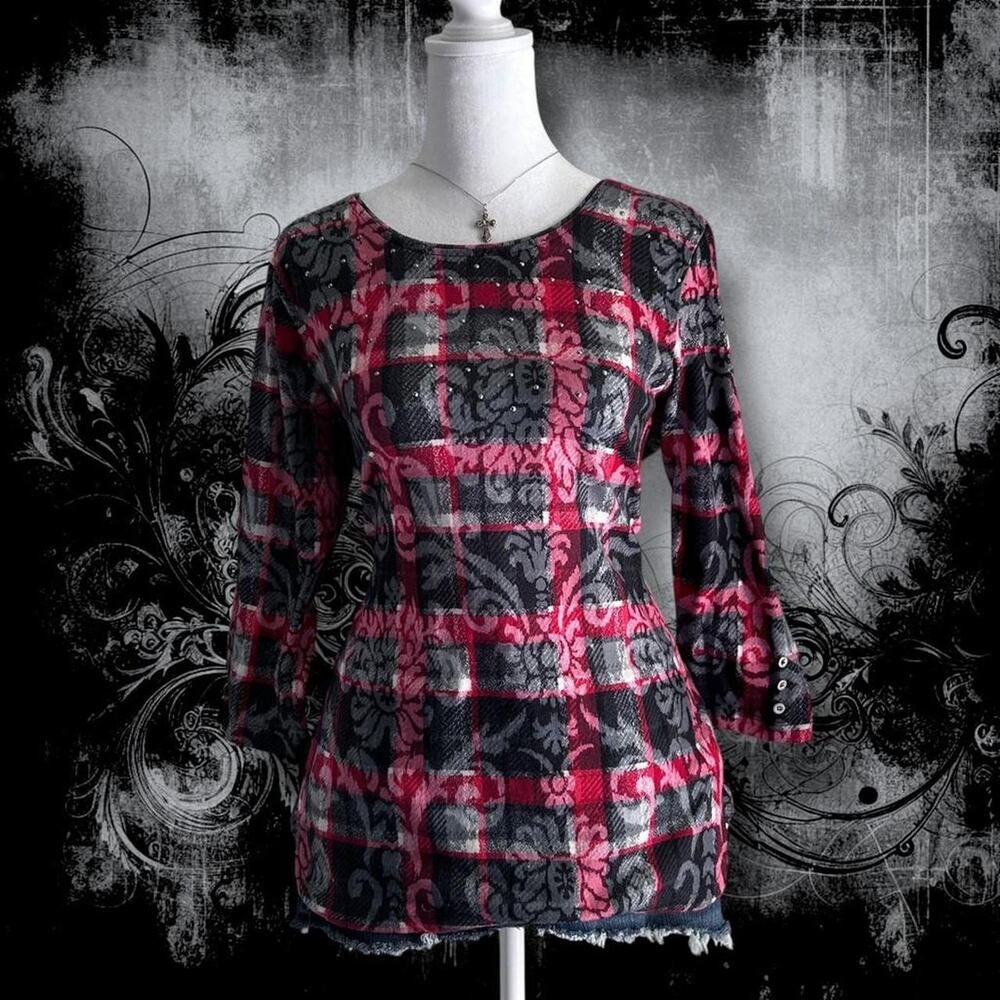 baroque damask swirls plaid checks black red and white top